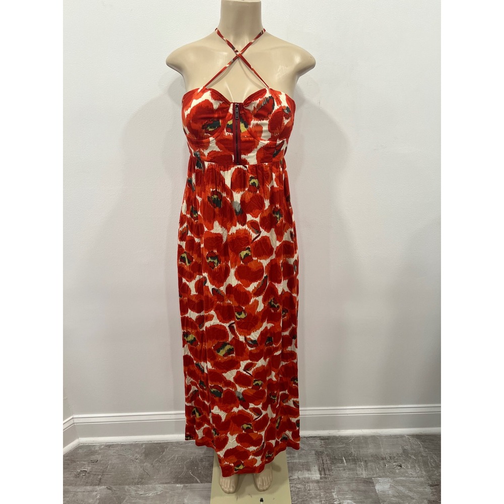 Elle Maxi Dress Red Floral Poppy Print Size small Summer Dress with Pockets